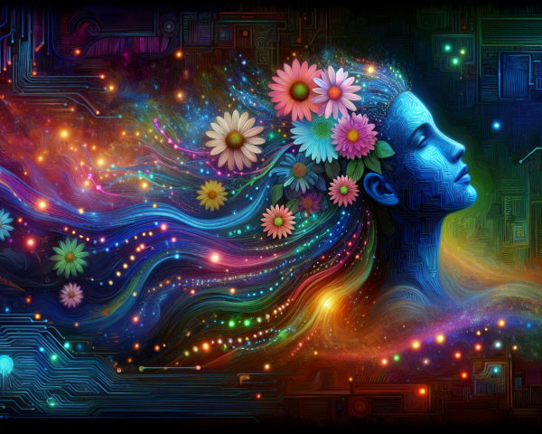 Surreal Woman's Profile with Flowers and Cosmic Colors