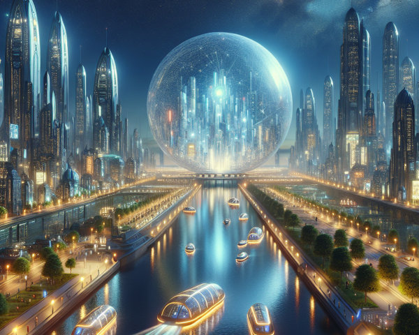 Futuristic Night Cityscape with Skyscrapers and River