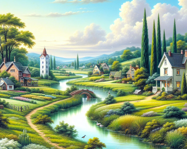 Idyllic Landscape with River and Blooming Flowers