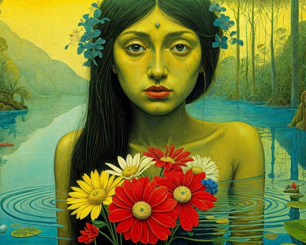 Serene Young Woman in Reflective Water and Flowers
