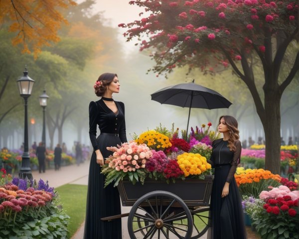 Misty Garden Scene with Elegant Women and Flower Cart