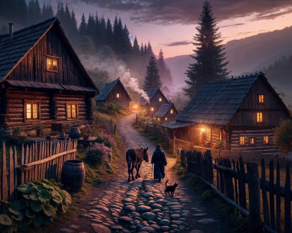 Tranquil Village at Dusk with Rustic Houses and Hills