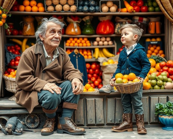 Cozy Market Scene with Elderly Man and Young Boy