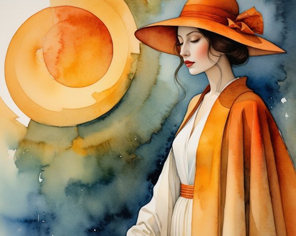 Serene Woman in White with Orange Accents and Sunlit Background