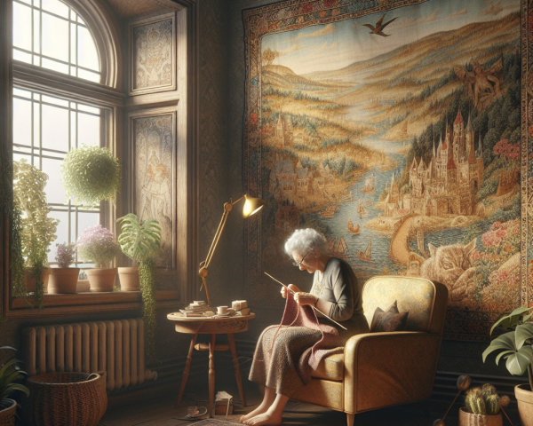 Elderly Woman Knitting in Cozy, Plant-Filled Room