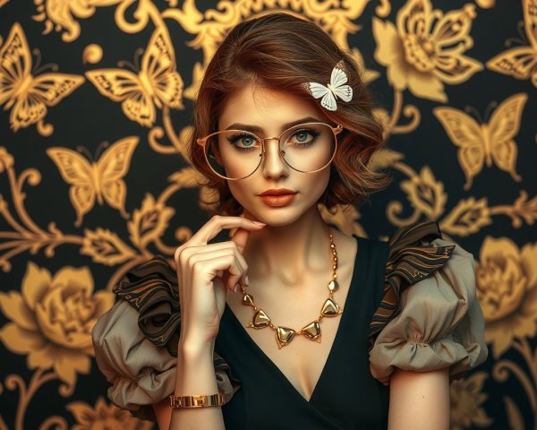 Young woman in stylish black dress against floral wallpaper