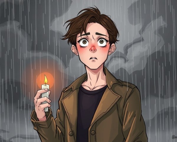 Young Person with Candle in Rainy Atmosphere