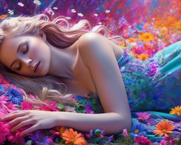 Serene Scene of a Woman Sleeping Amid Flowers