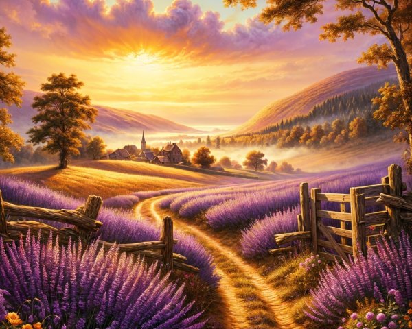 Tranquil Landscape with Lavender Fields and Village