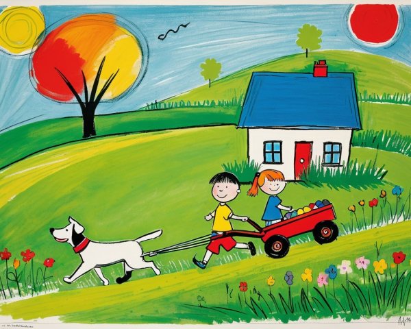 Playful Illustration of Children with a Wagon and Dog