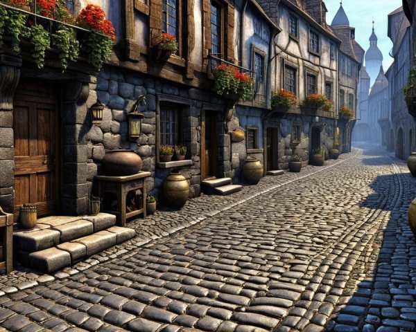 Cobblestone Street with Quaint Houses and Market Stalls