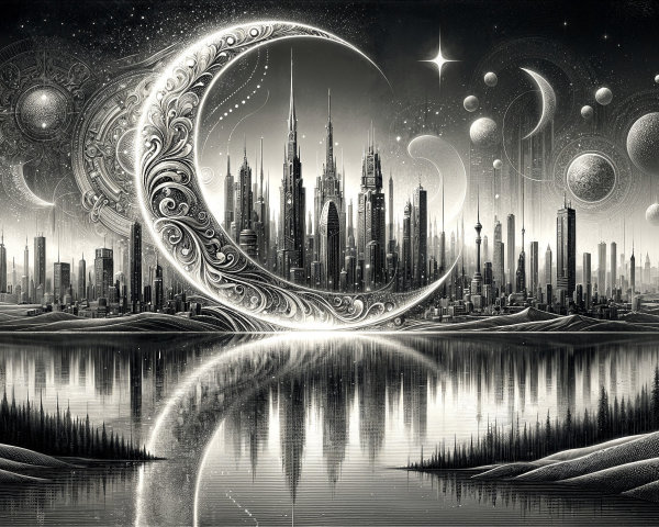 Black-and-White Landscape with Futuristic City Skyline