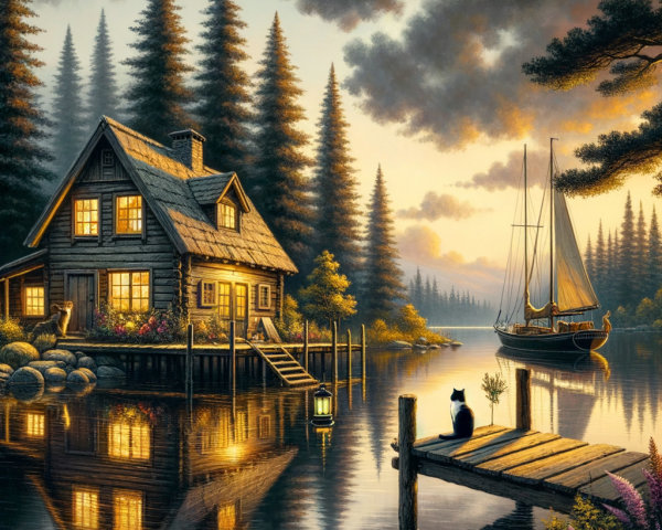 Cozy wooden cabin by a serene lake at dusk