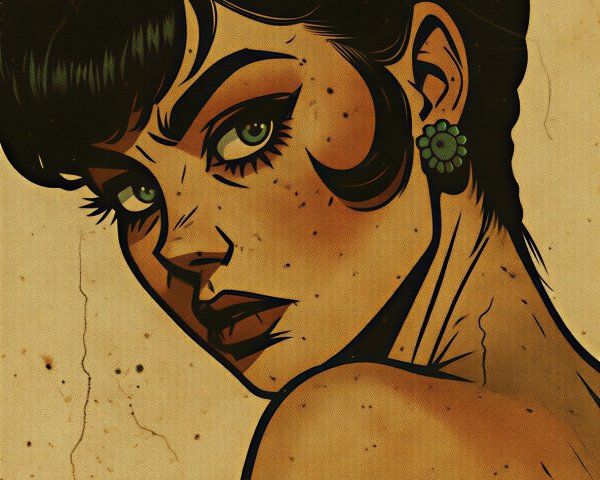 Illustration of a Woman with Green Eyes and Vintage Dress