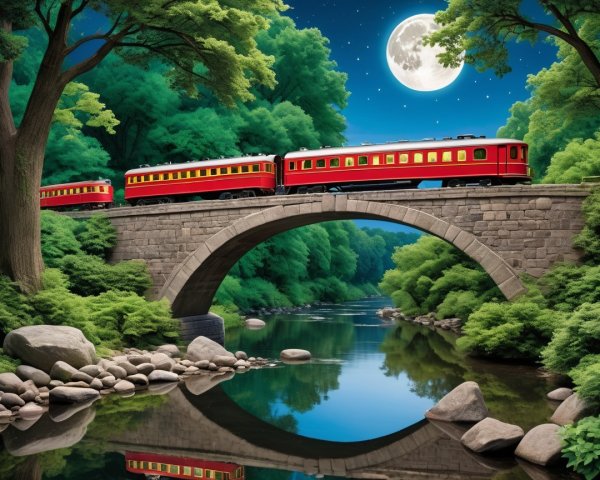 Red Train on Stone Bridge Under Starry Night Sky