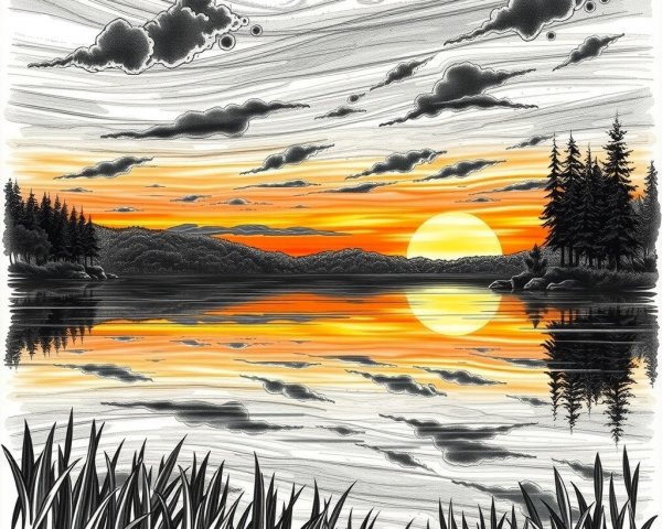 Tranquil Lakeside Sunset with Colorful Sky Reflections