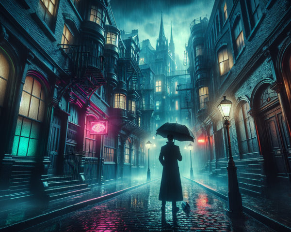 Mysterious Alleyway with Neon Lights and Rain