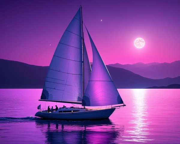 Sailboat on a tranquil lake at twilight with mountains