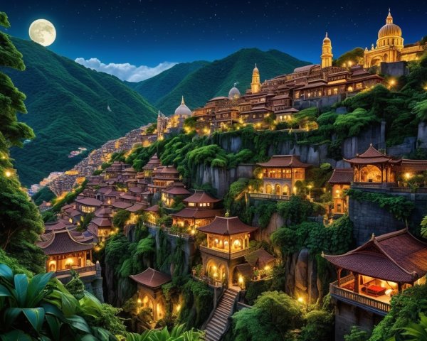 Mystical Landscape with Ancient City and Moonlit Mountains