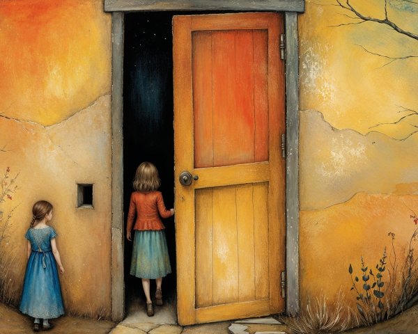 Young girls in autumn landscape with vibrant door