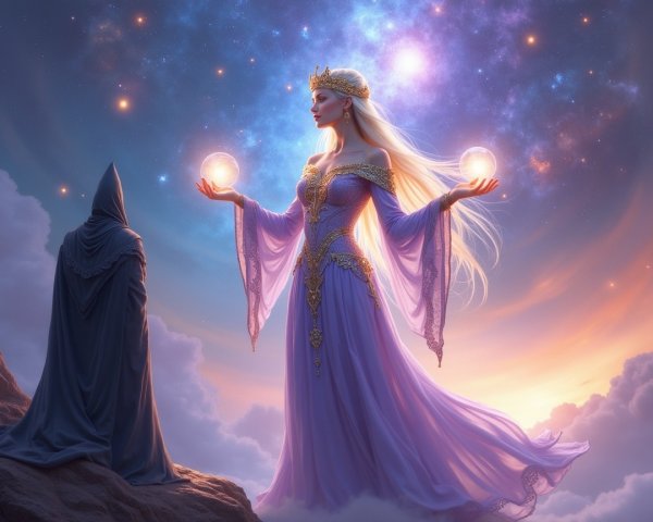 Majestic celestial figure with glowing orbs and clouds