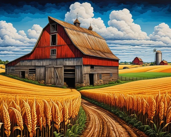 Vibrant Landscape with Barn and Wheat Fields