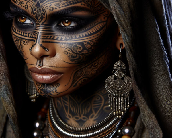 Woman with Tribal Face Tattoos and Silver Jewelry