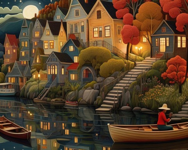 Tranquil Night Lakeside Scene with Autumn Foliage