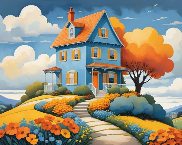 Charming Blue House on a Hill with Vibrant Flowers