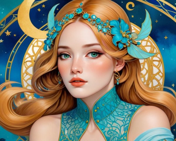 Young woman in blue dress with floral headpiece and stars