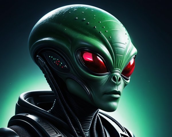 Futuristic Alien Being with Green Skin and Red Eyes