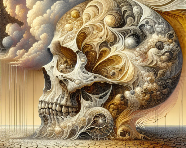 Surreal Skull with Organic Patterns and Golden Clouds