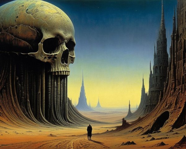 Surreal Landscape with Massive Skull Structure and Spires