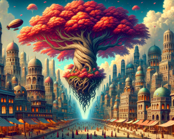 Fantastical Cityscape with Towering Buildings and Tree