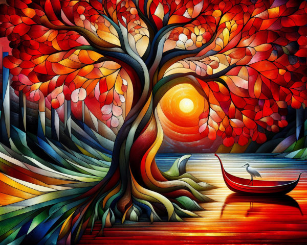 Vibrant landscape with colorful mountains and serene waterway