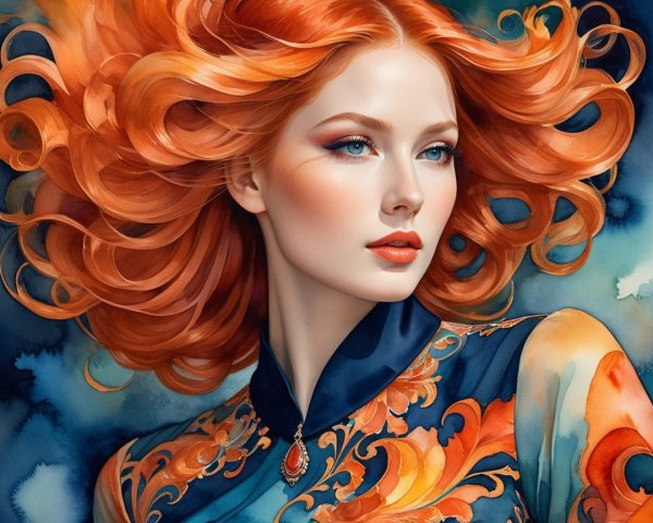 Watercolor Portrait of a Young Woman with Orange Hair