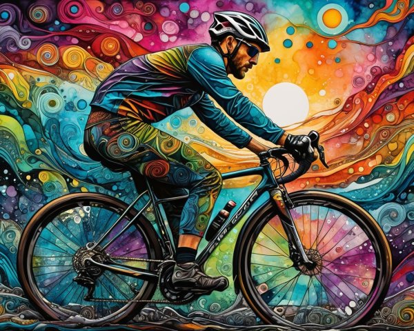 Colorful Illustration of Cyclist in Abstract Landscape