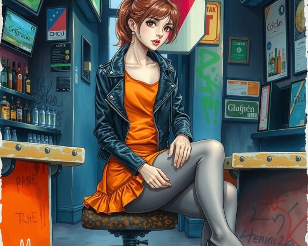 Stylized Female Character at Urban Bar Counter