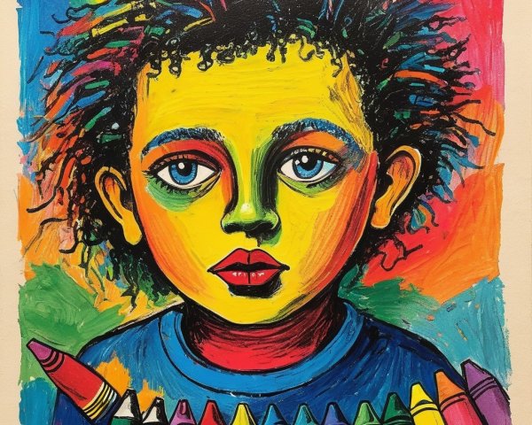 Vibrant Artwork of Child with Blue Eyes and Crayons