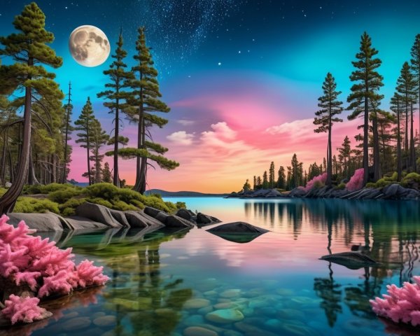 Twilight Lakeside Scene with Moonlit Reflections