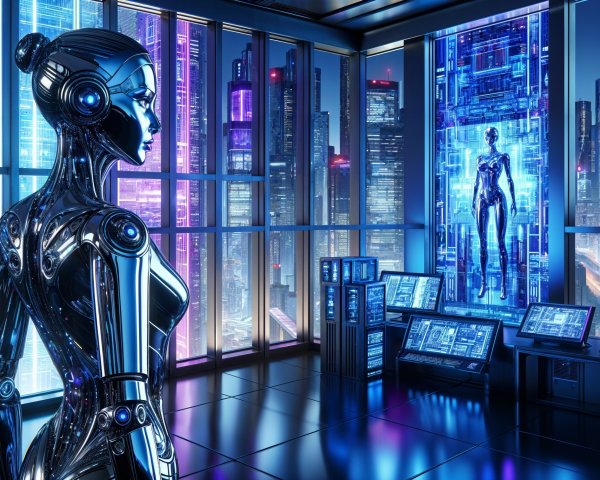 Futuristic Robot in High-Tech Cityscape Setting