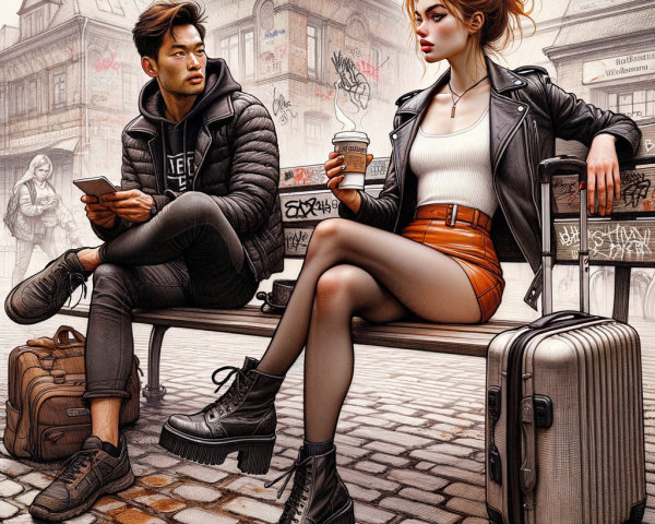 Urban Street Scene with Young Man and Confident Woman