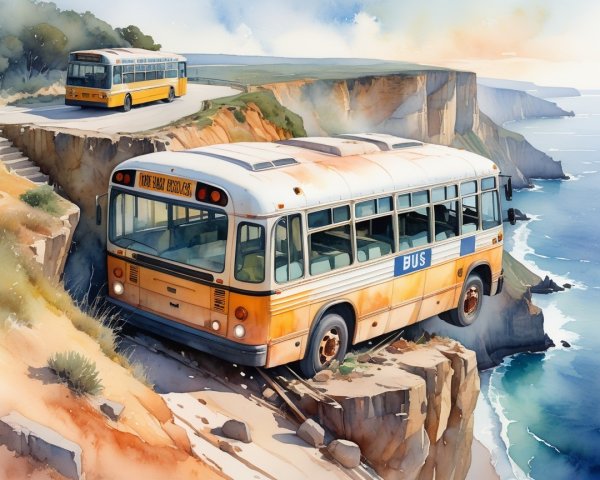 Vintage Buses on Coastal Cliff with Ocean View