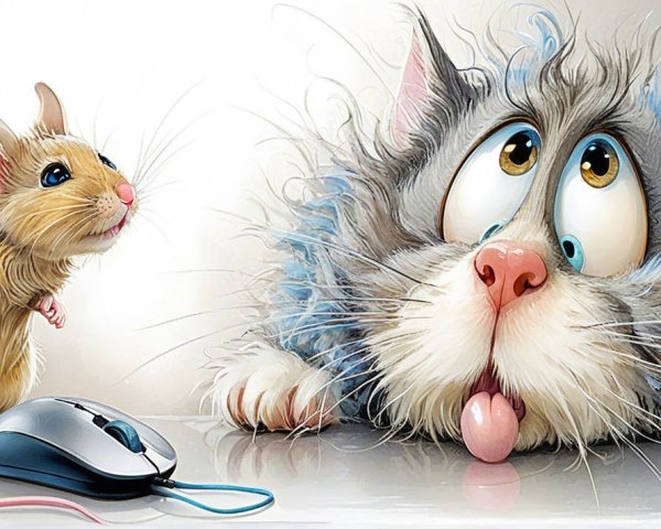 Whimsical Cartoon Mouse and Cat Interaction Illustration