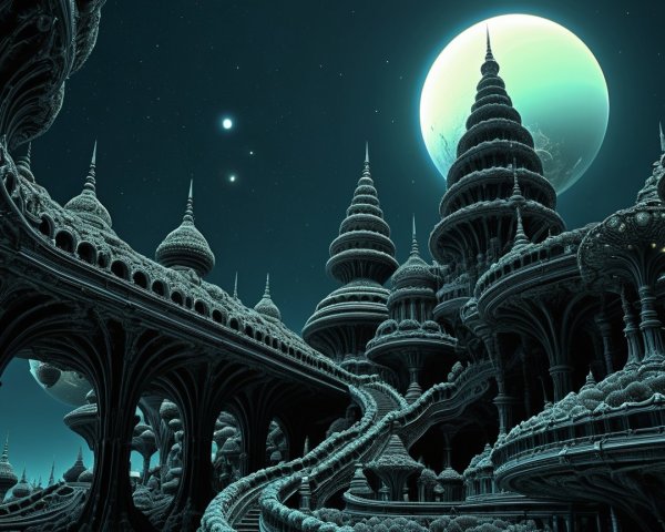 Alien Cityscape at Night with Intricate Architecture