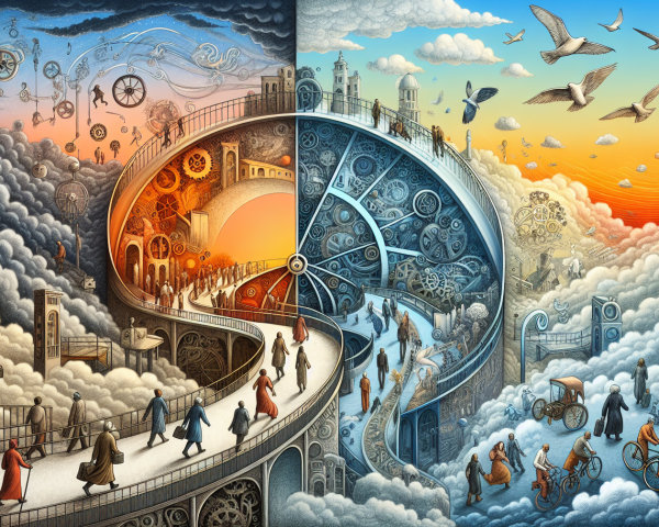 Surreal Landscape Illustrating Time and Progress Themes