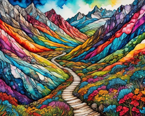 Vibrant Landscape with Colorful Mountains and Flowers