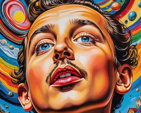 Surreal Portrait of a Boy with Blue Eyes and Mustache