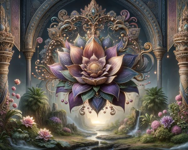 Multi-Hued Lotus Flower Surrounded by Ornate Designs
