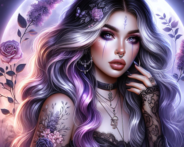 Mystical Woman with Silver and Purple Hair in Moonlight